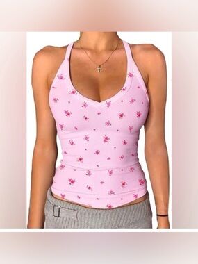 Danysu Pink Ditsy Floral Ribbed V-Neck RacerBack Feminine Girly Tank Size L